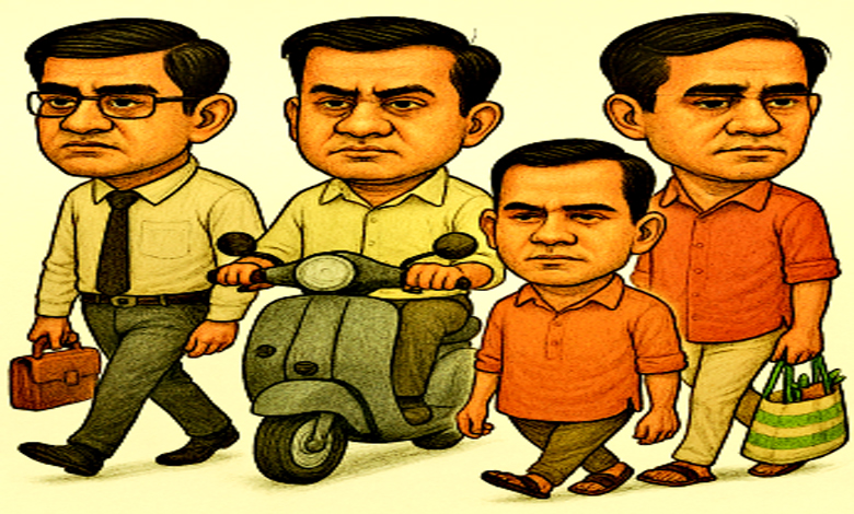 એક વ્યંગાત્મક કાર્ટૂન જેમાં પતિ કામ કરી રહ્યા છે