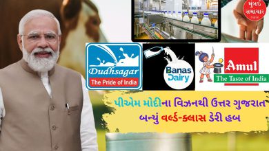 ગુજરાતની બનાસ ડેરી, દૂધસાગર ડેરી અને સાબર ડેરીના લોગો, ખેડૂતો દૂધ એકત્ર કરતા હોય તેવું દ્રશ્ય.