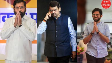 એકનાથ શિંદે અને આદિત્ય ઠાકરે એક મંચ પર ઊભા હોય, દેવેન્દ્ર ફડણવીસ વચ્ચે હોય તેવું દૃશ્ય.