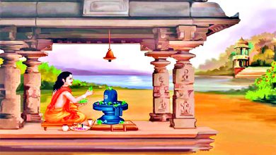 શિવલિંગ પર બીલીપત્ર ચડાવતા શિકારી ગુરુ ધ્રુવ અને પ્રસન્ન થયેલા ભગવાન શિવ