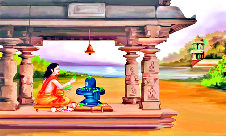 શિવલિંગ પર બીલીપત્ર ચડાવતા શિકારી ગુરુ ધ્રુવ અને પ્રસન્ન થયેલા ભગવાન શિવ
