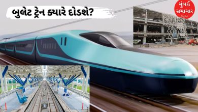 મુંબઈ-અમદાવાદ બુલેટ ટ્રેન પ્રોજેક્ટની એક છબી, જેમાં આધુનિક ટ્રેન અને તેના કોરિડોરનું નિર્માણ કાર્ય દર્શાવવામાં આવ્યું છે.