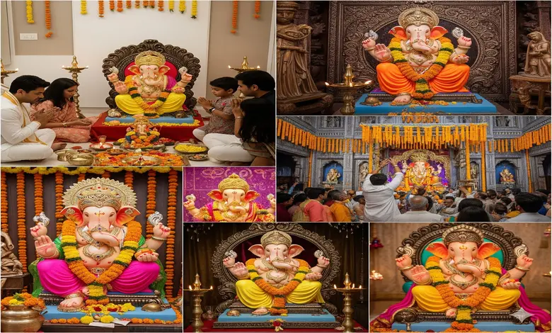 ગણેશ ચતુર્થી દરમિયાન વિવિધ બોલિવૂડ સેલિબ્રિટીઓ તેમના ઘરોમાં અને લાલબાગચા રાજાના પંડાલમાં ગણપતિ બાપ્પાની પૂજા કરતા હોય તેવા દ્રશ્યો.