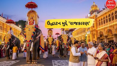 મૈસુર દશેરા મહોત્સવ, હાથી પર દેવી ચામુંડેશ્વરીની પ્રતિમા, અને બેકગ્રાઉન્ડમાં રાજકીય નેતાઓ, સાંસ્કૃતિક અને રાજકીય વિવાદનું પ્રતીક.
