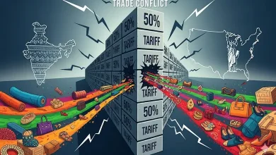 ભારત અને અમેરિકા વચ્ચે વેપાર યુદ્ધનું પ્રતીકાત્મક ચિત્ર, જેમાં એક મોટી ટેરિફની દીવાલ બંને દેશો વચ્ચે ઊભી થયેલી બતાવવામાં આવી છે.