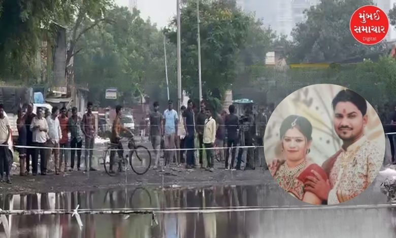 અમદાવાદના નારોલ વિસ્તારમાં પાણી ભરાયેલા રસ્તા પરનું દ્રશ્ય.