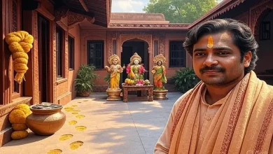 હળદરની ગાંઠ અને સિક્કાવાળી પોટલીની તસવીર. ઘરના મુખ્ય દ્વાર પર હળદરથી બનેલા પગલાંના નિશાન. ભગવાન વિષ્ણુ અને માતા લક્ષ્મીની મૂર્તિ. કપાળ પર કેસરનું તિલક લગાવેલું હોય તેવો ફોટો.