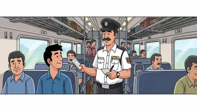 યુનિફોર્મ પહેરેલા ટિકિટ નિરીક્ષક, જે ટ્રેનની અંદર મુસાફરોની તપાસ કરી રહ્યા છે.