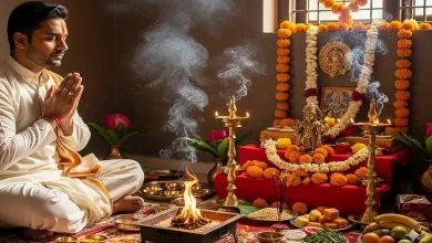 ભગવાન વિષ્ણુની છબી, જેમાં તેઓ શંખ અને સુદર્શન ચક્ર સાથે દર્શાવેલ છે, જે ઇન્દિરા એકાદશીના પવિત્ર દિવસનું પ્રતીક છે.