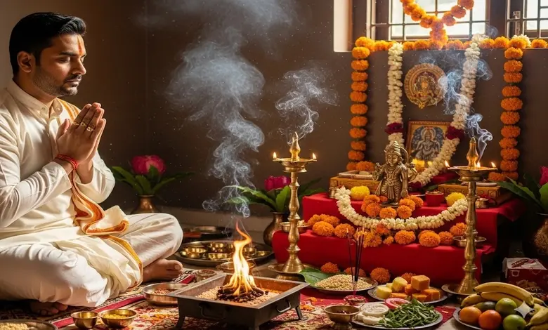 ભગવાન વિષ્ણુની છબી, જેમાં તેઓ શંખ અને સુદર્શન ચક્ર સાથે દર્શાવેલ છે, જે ઇન્દિરા એકાદશીના પવિત્ર દિવસનું પ્રતીક છે.