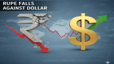 ભારતીય ચલણનો લોગો અને અમેરિકન ડૉલરનો લોગો બાજુમાં દર્શાવતા.