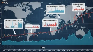 શેરબજારના ગ્રાફ પર દર્શાવવામાં આવેલો સેન્સેક્સ અને નિફ્ટીનો ચાર્ટ, જે વૈશ્વિક બજારોના પ્રભાવને દર્શાવે છે.