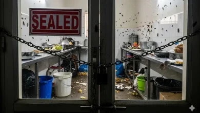 અમદાવાદની શિવશંકર પીજી હોસ્ટેલનું સીલ કરાયેલું રસોડું જ્યાં ગંદકી અને જીવાતવાળો ખોરાક મળ્યો હતો.