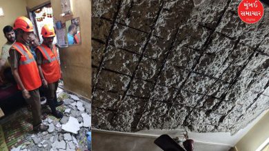 એક તૂટેલી સિલિંગનું ચિત્ર, જે થાણેના વાગલે એસ્ટેટમાં બનેલી દુર્ઘટના દર્શાવે છે.