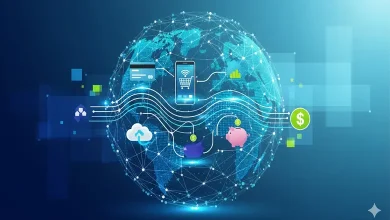 ડિજિટલ પેમેન્ટ અને ઓનલાઈન બિઝનેસ મોડેલ દર્શાવતી ગ્રાફિકલ ઈમેજ.