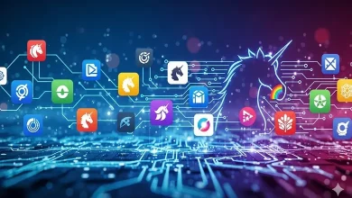 વિવિધ કલરફુલ એપ્સ અને સર્કિટ જે ટેકનોલોજી, સ્ટાર્ટઅપ્સ અને યુનિકોર્ન કંપનીઓનું પ્રતીક છે.