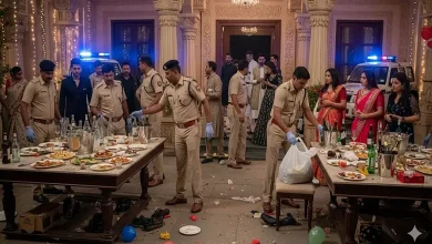 પોલીસ દરોડાનું દ્રશ્ય, જ્યાં પોલીસ અધિકારીઓ દારૂની બોટલો અને અન્ય વસ્તુઓ જપ્ત કરી રહ્યા છે.