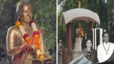 મુંબઈના શિવાજી પાર્ક મેદાનમાં સ્થાપિત મીનાતાઈ ઠાકરેની પ્રતિમા, જેના પર લાલ રંગ ફેંકવામાં આવ્યો છે.