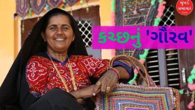 કચ્છી પરંપરાગત ભરતકામ કરતા પાબીબેન રબારીનો ફોટો.