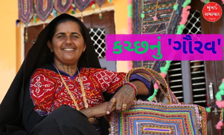કચ્છી પરંપરાગત ભરતકામ કરતા પાબીબેન રબારીનો ફોટો.