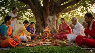 પિતૃપક્ષ દરમિયાન પીપળાના વૃક્ષ નીચે દીપક પ્રગટાવીને પૂજા કરતા શ્રદ્ધાળુઓ.