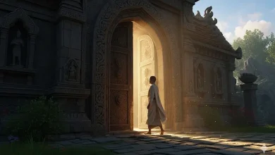 એક વ્યક્તિ મંદિરના દરવાજામાંથી બહાર આવી રહી છે, જે મંદિરેથી પાછા ફરતી વખતે વાસ્તુ નિયમોનું પાલન કરવાનું દર્શાવે છે.