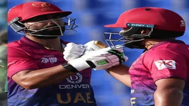 ક્રિકેટ મેદાન પર યુએઈના ખેલાડીઓની ટીમ, જે વિવિધ દેશોના ખેલાડીઓની એકતા દર્શાવે છે.