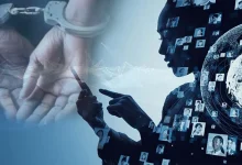 cybercrime alert with a shadow figure and digital scam warning graphics representing Karnataka digital arrest scam