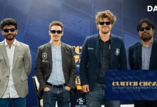 ભારતના ચેસ ખેલાડી ડી. ગુકેશ હિકારુ નાકામુરાને હરાવ્યા બાદ હાથ મિલાવતા.