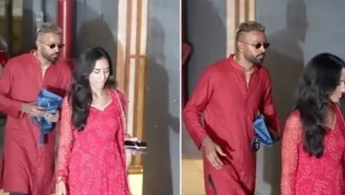 હાર્દિક પંડ્યા અને માહિકા શર્મા લાલ રંગના ડ્રેસમાં દિવાળી પાર્ટીમાંથી બહાર નીકળતા.