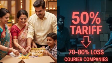 A package of Indian Diwali sweets and snacks with a customs form and a stamp indicating high US tariffs