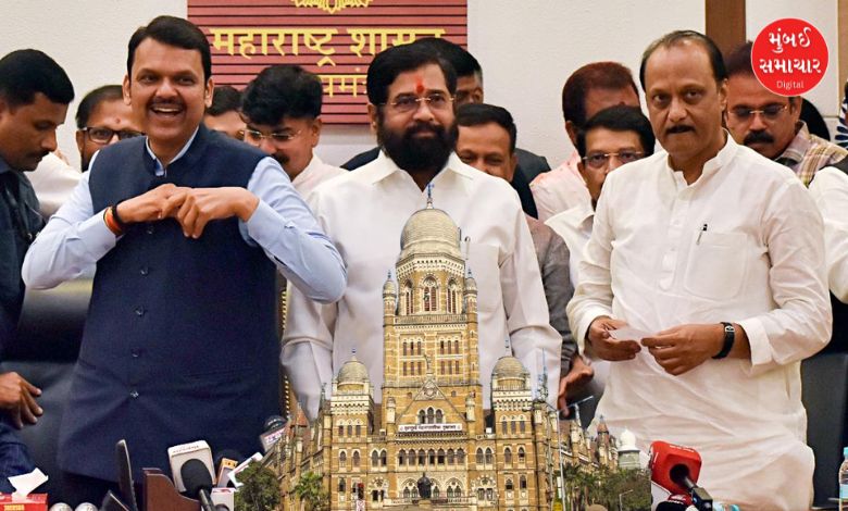 મુંબઈ અને થાણે મનપાની ચૂંટણીઓમાં ભાજપ-શિવસેના યુતિનો તણાવ દર્શાવતો ફોટો.