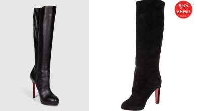 થ્રિફ્ટ સ્ટોરમાંથી ખરીદેલા કાળા ચામડાના ક્રિશ્ચિયન લુબાઉટિન બૂટનો ફોટો જેમાં નીચેનો લાલ સોલ (તળિયું) દેખાય છે.