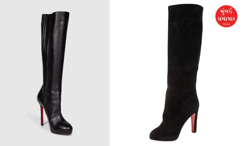 થ્રિફ્ટ સ્ટોરમાંથી ખરીદેલા કાળા ચામડાના ક્રિશ્ચિયન લુબાઉટિન બૂટનો ફોટો જેમાં નીચેનો લાલ સોલ (તળિયું) દેખાય છે.