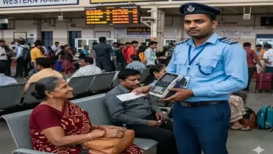 પશ્ચિમ રેલવેના સ્ટેશન પર હેન્ડ મશીન દ્વારા વેઇટિંગ એરિયામાં ટિકિટ આપતો બુકિંગ સ્ટાફ