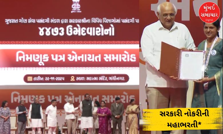ગાંધીનગરમાં રોજગાર મહાકુંભ સમારોહ, મુખ્ય પ્રધાન ભૂપેન્દ્ર પટેલ ૪૪૭૩ યુવાનોને નિમણૂકપત્રો આપતા