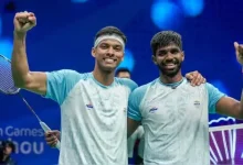 ઓસ્ટ્રેલિયન ઓપન બેડમિન્ટન ટુર્નામેન્ટમાં રમતા ભારતીય શટલર સાત્વિકસાઈરાજ રંકીરેડ્ડી અને ચિરાગ શેટ્ટીનો ફોટો.