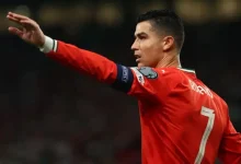 ક્રિસ્ટિયાનો રોનાલ્ડો પોર્ટુગલની જર્સીમાં ફૂટબોલ મેદાન પર ગોલનો ઉત્સવ મનાવી રહ્યો છે.