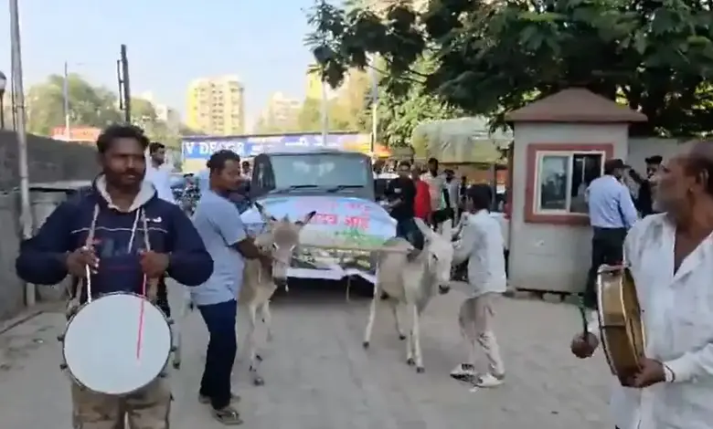 ગધેડા દ્વારા ખેંચાઈ રહેલી મહિન્દ્રા થાર કારને પુણેમાં વિરોધ પ્રદર્શન માટે શોરૂમ પાસે લઈ જવામાં આવી રહી છે.