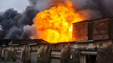 ભિવંડી ડાઈંગ ફૅક્ટરીમાં લાગેલી ભીષણ આગ અને ધુમાડો.