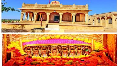 Across the picture: Gajrup Sagar Savangiya Mataji's artistic temple...
