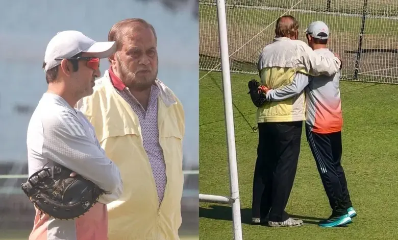 કોલકાતામાં ઈડન ગાર્ડન્સના પિચ ક્યૂરેટર સુજન મુખર્જીને ભારતના હેડ-કોચ ગૌતમ ગંભીર ભેટતા હોય તેવો ફોટો.