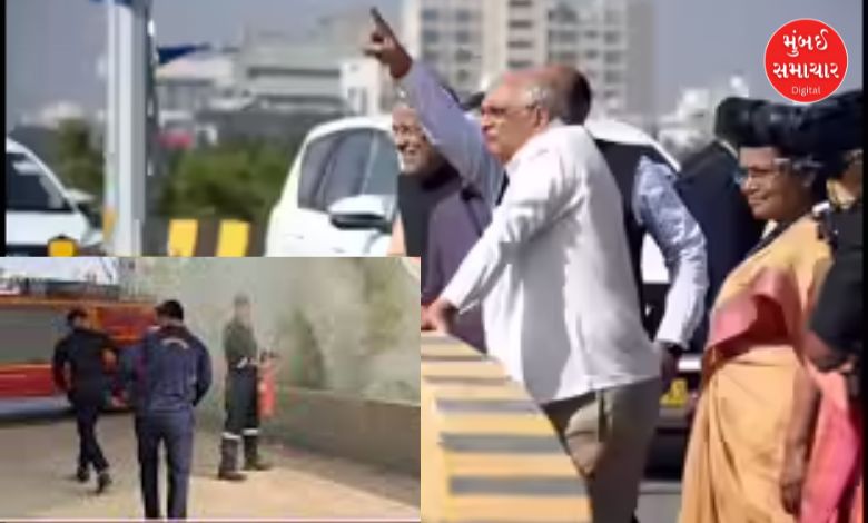 જામનગર ફ્લાયઓવરના પિલરમાં આગ લાગવાની ઘટનાનો ફોટો