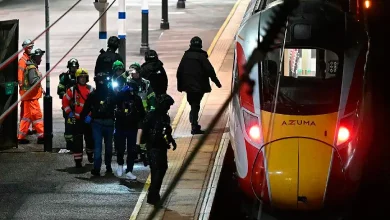 Police at the scene after a knife attack on a London-bound train, where nine people were seriously injured.