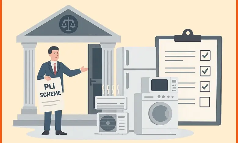 ભારતમાં વ્હાઈટ ગૂડ્સના ઉત્પાદનને પ્રોત્સાહન આપતી પીએલઆઈ સ્કીમ દર્શાવતો ગ્રાફિક. 1914 કરોડના નવા રોકાણની વિગતો અને AC/LED કમ્પોનન્ટ્સના સ્થાનિક ઉત્પાદન પર ભાર.