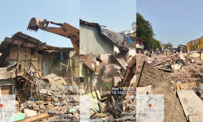 Demolition drive by Mumbai N ward near Jhunjhunwala College in Ghatkopar West