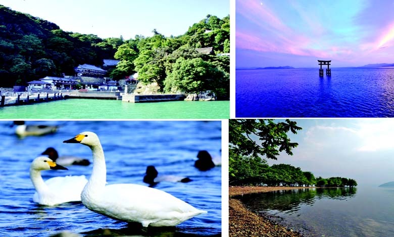 જાપાનના લેક બિવાનું પારદર્શક પાણી, શાંત ટેકરીઓ અને શિરાહિજે શ્રાઇનનો પાણીમાં ડૂબેલો ગેટ