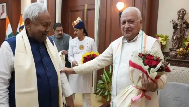 swearing-in ceremony setup with political leaders and an official stage representing the new Bihar government formation.