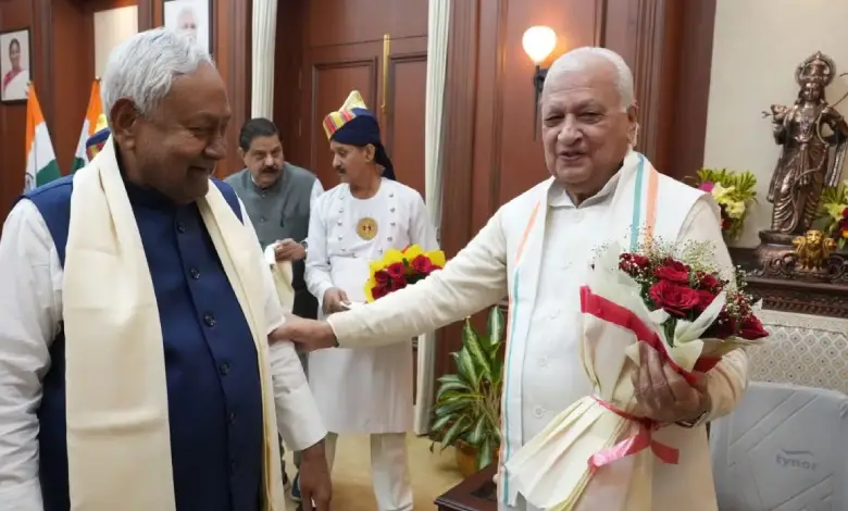 swearing-in ceremony setup with political leaders and an official stage representing the new Bihar government formation.
