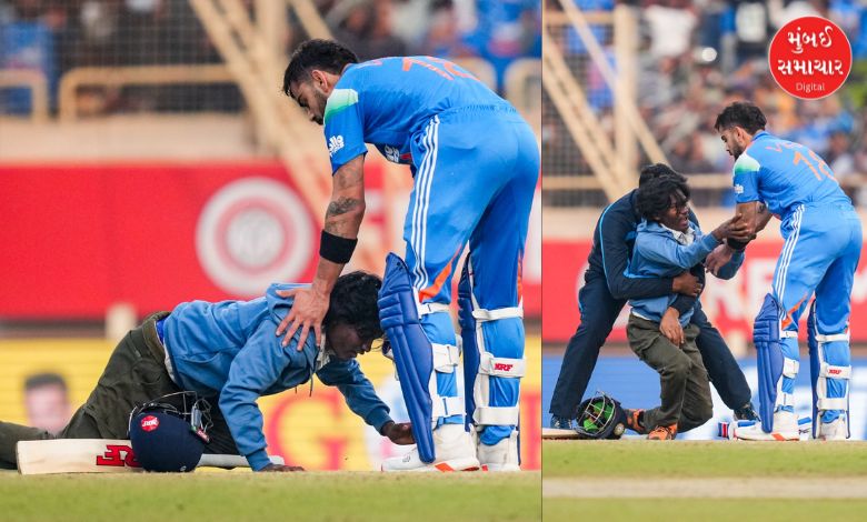 રાંચીમાં સદી ફટકાર્યા બાદ વિરાટ કોહલીના પગે પડવા માટે મેદાનમાં ઘૂસી આવેલો ચાહક.